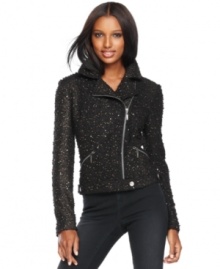 INC combines ladylike tweed with an edgy moto-inspired silhouette for a unique jacket that's sure to turn heads. Sequin-flecked boucle fabric adds shine and touchable texture. INC combines ladylike tweed with an edgy moto-inspired silhouette for a unique jacket that's sure to turn heads. Sequin-flecked boucle fabric adds shine and touchable texture.