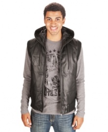 Look the part of high-rolling style maven with this faux-leather hooded vest. Look the part of high-rolling style maven with this faux-leather hooded vest.