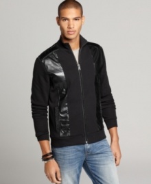 Take a shine to the faux leather panels of this track jacket from INC International Concepts.