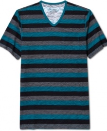 Bring some bold color into your casual wardrobe with this striped v-neck t-shirt from INC International Concepts. Bring some bold color into your casual wardrobe with this striped v-neck t-shirt from INC International Concepts.