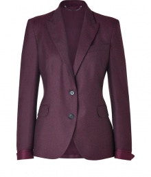 Borrowed-from-the-boys styling gets an ultra luxe infusion in Paul Smiths aubergine heather single-breasted wool blazer, tailored to perfection with tonal folded cuffs and an understated modern cut - Peaked lapel, long sleeves, buttoned cuffs, soft cutaway buttoned front, flapped pockets, breast pocket, double back vents, inside patch pocket, patchworked colorblock lining, cream wool lining under collar, tailored fit - Team with form-fitting jersey dresses and chic menswear-inspired lace-ups Borrowed-from-the-boys styling gets an ultra luxe infusion in Paul Smiths aubergine heather single-breasted wool blazer, tailored to perfection with tonal folded cuffs and an understated modern cut - Peaked lapel, long sleeves, buttoned cuffs, soft cutaway buttoned front, flapped pockets, breast pocket, double back vents, inside patch pocket, patchworked colorblock lining, cream wool lining under collar, tailored fit - Team with form-fitting jersey dresses and chic menswear-inspired lace-ups