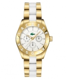 Mixed media: Goldtone and white ceramic distinguish the Lacose Barritz watch. Round goldtone mixed metal case and bracelet with white ceramic links. White dial features Lacoste alligator logo, crystal markers, stick indices, goldtone hands and three subdials for day, date and 24-hour functions. Quartz movement. Water resistant to 30 meters. Two-year limited warranty. Mixed media: Goldtone and white ceramic distinguish the Lacose Barritz watch. Round goldtone mixed metal case and bracelet with white ceramic links. White dial features Lacoste alligator logo, crystal markers, stick indices, goldtone hands and three subdials for day, date and 24-hour functions. Quartz movement. Water resistant to 30 meters. Two-year limited warranty.