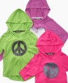 Infuse some cool contrast in her casual combos with the sparkly chic graphics of this hooded t-shirt from Planet Gold. (Clearance)