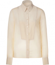 Luxe almond sheer silk top from See by Chloe - This sheer tuxedo style top brings fashion-forward appeal to any ensemble - Bib front, button front placket, small collar, barrel cuffs, and back pleating detail - Wear with skinny trousers, a wool A-line coat, and peep-toe heels