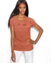 Crochet trim adds a lacy touch to INC's classic smocked peasant top!