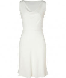 Luxe cocktail dress in fine, ivory synthetic fiber - Soft, lightweight fabric falls beautifully - Sleeveless sheath style with elegantly draped cowl neck - Slim, curve-defining cut creates a flattering silhouette - Knee-length skirt flares gently at hem - Zips at side - Ideal for parties, dinners and evenings out - Pair with open toe heels or sandals and a colorful clutch