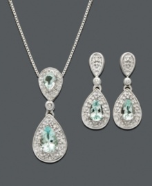 Pick up pools of pastel sparkle in chic figure eights. Jewelry set crafted in sterling silver with pear-cut aquamarine (7/8 ct. t.w.) and sparkling diamond accents. Approximate pendant length: 18 inches. Approximate pendant drop: 1 inch. Approximate earring drop: 3/4 inch. Pick up pools of pastel sparkle in chic figure eights. Jewelry set crafted in sterling silver with pear-cut aquamarine (7/8 ct. t.w.) and sparkling diamond accents. Approximate pendant length: 18 inches. Approximate pendant drop: 1 inch. Approximate earring drop: 3/4 inch.