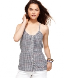 Score preppy style with total ease in this gingham print, button-down tank top from Tommy Girl! Elastic banding at the back completes your comfy style! Score preppy style with total ease in this gingham print, button-down tank top from Tommy Girl! Elastic banding at the back completes your comfy style!