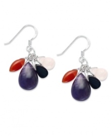 Polish your look with vibrant stones. These sterling silver earrings feature drops of red agate (1-1/4 ct. t.w.), black agate (1-1/2 ct. t.w.), rose quartz (1-1/4 ct. t.w.) and amethyst (5 ct. t.w.) all in a chic cluster. Approximate drop: 1 inch. Polish your look with vibrant stones. These sterling silver earrings feature drops of red agate (1-1/4 ct. t.w.), black agate (1-1/2 ct. t.w.), rose quartz (1-1/4 ct. t.w.) and amethyst (5 ct. t.w.) all in a chic cluster. Approximate drop: 1 inch.