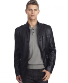 Join the army of style with this sleek faux leather military blazer by Kenneth Cole Reaction.