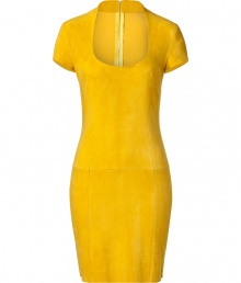 A radiant take on the exquisite Jitrois look, this yellow suede dress is a luxurious choice for day and evening alike - Scoop neckline, cap sleeves, paneled seaming, exposed metal back zip, raw cut edges, unlined - Form-fitting - Wear with streamlined accessories and contemporary fine jewelry