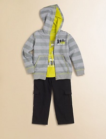 Comfort for crawling across the living room or the sandbox, offered by three soft pieces with street-smart distressed graphics.Zip-front, long-sleeve striped hoodie with abstract logo chest screen and split kangaroo pocketsLong-sleeve tee with ribbed crewneck and collage-like urban logo printTwill pants with snap close, back elastic waist and cargo pocketsHoodie and tee: 60% cotton/40% polyesterPants: cottonMachine washImported Comfort for crawling across the living room or the sandbox, offered by three soft pieces with street-smart distressed graphics.Zip-front, long-sleeve striped hoodie with abstract logo chest screen and split kangaroo pocketsLong-sleeve tee with ribbed crewneck and collage-like urban logo printTwill pants with snap close, back elastic waist and cargo pocketsHoodie and tee: 60% cotton/40% polyesterPants: cottonMachine washImported
