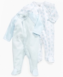 Take your pick. He'll be as cute and comfy as the elephants on his outfit in either one of these coveralls from this Little Me 2-pack.