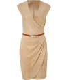 Sophisticated deep tan suede Lea dress from Ralph Lauren - This supple leather dress brings drama and elegance to your day or night look - V-neck with faux wrap detail and side drape, detachable belt, hidden back zip closure - Style with patterned neutral tights, a wool coat, and platform heels