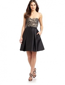 THE LOOKStrapless sweetheart necklineBeaded and lace embellished bodiceSlim satin self buckle beltBack zip closureInverted pleats on skirtFully linedTHE FITAbout 22 from natural waistTHE MATERIAL85% polyester/15% silkCARE & ORIGINDry cleanImportedModel shown is 5'10 (178cm) wearing US size 4. THE LOOKStrapless sweetheart necklineBeaded and lace embellished bodiceSlim satin self buckle beltBack zip closureInverted pleats on skirtFully linedTHE FITAbout 22 from natural waistTHE MATERIAL85% polyester/15% silkCARE & ORIGINDry cleanImportedModel shown is 5'10 (178cm) wearing US size 4.