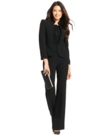 Ruffles add a whimsical touch to the streamlined silhouette of Tahari by ASL's petite pantsuit. Ruffles add a whimsical touch to the streamlined silhouette of Tahari by ASL's petite pantsuit.