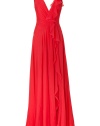 With a cascading drape and a dramatic floor-sweeping length, this Jenny Packham gown will add instant glamour to your black tie look - V-neck with asymmetrical ruffles, sleeveless, fitted bodice with front and back draped detail, full skirt, concealed back zip closure - Style with metallic platform sandals and a statement clutch