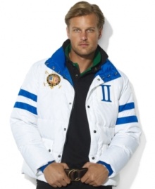 In celebration of the St. Moritz Polo World Cup on Snow, support your country of choice in a lightweight team racer jacket with bold athletic stripes, a snow polo crest and the country name and flag patch at the back. In celebration of the St. Moritz Polo World Cup on Snow, support your country of choice in a lightweight team racer jacket with bold athletic stripes, a snow polo crest and the country name and flag patch at the back.