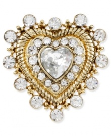 Style with a lot of heart. Betsey Johnson's lovely heart ring is decorated with glistening crystal accents. Set in antiqued gold tone mixed metal. Ring stretches to fit finger.