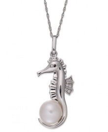 Aquatic elegance. This seahorse pendant, set in sterling silver, is adorned with a cultured freshwater pearl (8-1/2-9 mm) and single-cut diamonds (1/4 ct. t.w.) for a glamorous touch. Approximate length: 18 inches. Approximate drop: 1-1/2 inches. Aquatic elegance. This seahorse pendant, set in sterling silver, is adorned with a cultured freshwater pearl (8-1/2-9 mm) and single-cut diamonds (1/4 ct. t.w.) for a glamorous touch. Approximate length: 18 inches. Approximate drop: 1-1/2 inches.