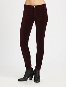Mid-rise skinnies with a velvety finish and stretchy, leggings-like fit. THE FITRise, about 8Inseam, about 29THE DETAILSZip flyFour-pocket style98% cotton/2% spandexMachine washMade in USA of imported fabricModel shown is 5'10 (177cm) wearing US size 4. Mid-rise skinnies with a velvety finish and stretchy, leggings-like fit. THE FITRise, about 8Inseam, about 29THE DETAILSZip flyFour-pocket style98% cotton/2% spandexMachine washMade in USA of imported fabricModel shown is 5'10 (177cm) wearing US size 4.