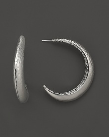 Intricately detailed sterling silver hoop earrings with a hammered finish from the John Hardy Palu Collection. Intricately detailed sterling silver hoop earrings with a hammered finish from the John Hardy Palu Collection.