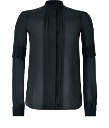 Recently relaunched with a fashion-forward aesthetic, Belstaff has infused this pleated blouse with luxe refinement - Stand-up collar, concealed front button placket with pleated panel, long sleeves with pleat detail, shirttail hemline - Style with leather leggings and platform pumps Recently relaunched with a fashion-forward aesthetic, Belstaff has infused this pleated blouse with luxe refinement - Stand-up collar, concealed front button placket with pleated panel, long sleeves with pleat detail, shirttail hemline - Style with leather leggings and platform pumps