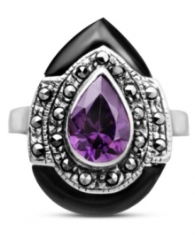 A stunning statement maker. This large, pear-shaped ring is adorned with an amethyst cubic zirconia center (3/4 ct. t.w.) and surrounded by black onyx (3-1/4 ct. t.w.) and glittering marcasite (1/4 ct. t.w.). Set in sterling silver. Size 7. A stunning statement maker. This large, pear-shaped ring is adorned with an amethyst cubic zirconia center (3/4 ct. t.w.) and surrounded by black onyx (3-1/4 ct. t.w.) and glittering marcasite (1/4 ct. t.w.). Set in sterling silver. Size 7.