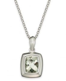 Glamorous green. This pretty pendant features a chic cushion shape that highlights a green quartz stone (5 ct. t.w.) bezel set in sterling silver with a matching chain. Approximate length: 18 inches. Approximate drop: 1/2 inch. Glamorous green. This pretty pendant features a chic cushion shape that highlights a green quartz stone (5 ct. t.w.) bezel set in sterling silver with a matching chain. Approximate length: 18 inches. Approximate drop: 1/2 inch.