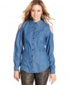 Let your shoulders breathe! Ultra Flirt outfits this chambray button-down with cute cutouts -- plus a few cool studs!