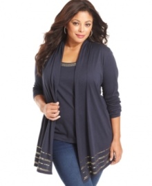 Layer your sleeveless looks with Jones New York Signature's long sleeve plus size cardigan, punctuated by an embellished hem.