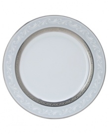 Crafted in crisp white china from Noritake dinnerware, dishes like this formal Crestwood Platinum accent plate combine a shimmering border of interlocking leaves and a polished platinum edge for unparalleled elegance. Crafted in crisp white china from Noritake dinnerware, dishes like this formal Crestwood Platinum accent plate combine a shimmering border of interlocking leaves and a polished platinum edge for unparalleled elegance.