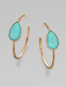From the Trujillo Collection. A slender beaded hoop is richly punctuated by a faceted, teardrop-shaped doublet combining turquoise with a layer of rock crystal for a softer tone.Turquoise and rock crystalBronzeDiameter, about 1½Post backMade in USA From the Trujillo Collection. A slender beaded hoop is richly punctuated by a faceted, teardrop-shaped doublet combining turquoise with a layer of rock crystal for a softer tone.Turquoise and rock crystalBronzeDiameter, about 1½Post backMade in USA