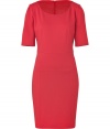 Add a bold kick to your office staples with this vibrant sheath from Hugo - Round neck, short puff sleeves, figure-hugging silhouette, seaming details, concealed back zip closure - Wear with a blazer and classic heels