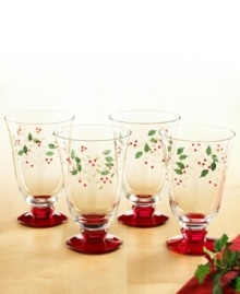 Etched and hand painted with a festive pattern of holly and berries, these Winterberry water goblets from Pfaltzgraff's collection of drinking glasses makes a merry impression at your holiday table. Etched and hand painted with a festive pattern of holly and berries, these Winterberry water goblets from Pfaltzgraff's collection of drinking glasses makes a merry impression at your holiday table.