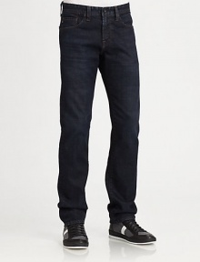 Deep indigo wash with subtle fading in a slim-fitting silhouette that pairs easily with a tee or a casual sportscoat.Five-pocket styleZip frontInseam, about 3498% cotton/2% polyurethaneMachine washMade in USA Deep indigo wash with subtle fading in a slim-fitting silhouette that pairs easily with a tee or a casual sportscoat.Five-pocket styleZip frontInseam, about 3498% cotton/2% polyurethaneMachine washMade in USA