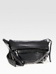 Sleek chain accents adds a touch of edgy glamour to this fold-over style of fine Italian leather. Adjustable shoulder strap, 16-20 dropFold-over top zip closureOne open compartment under flap with zip pocketOne inside zip pocketSuede lining12W X 8H X 3DMade in Italy Sleek chain accents adds a touch of edgy glamour to this fold-over style of fine Italian leather. Adjustable shoulder strap, 16-20 dropFold-over top zip closureOne open compartment under flap with zip pocketOne inside zip pocketSuede lining12W X 8H X 3DMade in Italy