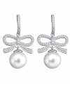 A ladylike look. Freshwater pearls (10 mm), sparkling cubic zirconias (1-3/4 ct. t.w.) and a dainty bow all add feminine flair to CRISLU's delicate drop earrings. Made in platinum over sterling silver. Approximate drop: 1-1/4 inches.