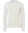 Stylish sweater made ​.​.of fine, white angora-wool blend has a casual, yet elegant look - Features a large knit and off-white lace detail - Slim-waisted silhouette with a round neck and long sleeves - Stunning with jeans and boots or with a pencil skirt and heels