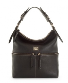 Two handy front pockets add zip to the distinctive Dillen II leather sac purse by Dooney & Bourke. Two handy front pockets add zip to the distinctive Dillen II leather sac purse by Dooney & Bourke.