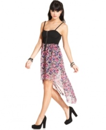 Master of contrast, Material Girl pairs a structured, bustier-style bodice with a skirt boasting colorful graphics and ethereal design. Master of contrast, Material Girl pairs a structured, bustier-style bodice with a skirt boasting colorful graphics and ethereal design.