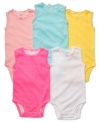 She'll have many outfitting options with this super soft 5 piece sleeveless cotton bodysuit set.