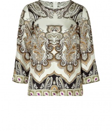 With a sophisticated psychedelic print and a flattering A-line cut, this silk top from Etro is a workweek must-have - Round neck, flared three-quarter sleeves, relaxed silhouette, concealed back zip closure, all-over print - Style with slim trousers or skinny jeans and platform pumps With a sophisticated psychedelic print and a flattering A-line cut, this silk top from Etro is a workweek must-have - Round neck, flared three-quarter sleeves, relaxed silhouette, concealed back zip closure, all-over print - Style with slim trousers or skinny jeans and platform pumps
