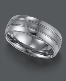 Simple design with a subtle hint of style. Triton men's ring features a sophisticated lined pattern set in tungsten carbide. Approximate band width: 8 mm. Sizes 8-15. Simple design with a subtle hint of style. Triton men's ring features a sophisticated lined pattern set in tungsten carbide. Approximate band width: 8 mm. Sizes 8-15.