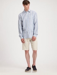 Multi-striped shirt in cool, lightweight linen is a wardrobe essential now.Point collarButton frontMitered button cuffsAbout 29 from shoulder to hemLinenHand wash or dry cleanImported Multi-striped shirt in cool, lightweight linen is a wardrobe essential now.Point collarButton frontMitered button cuffsAbout 29 from shoulder to hemLinenHand wash or dry cleanImported