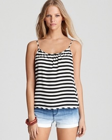 The classic Juicy Couture tank gets an elegant new attitude with bold nautical stripes. A relaxed cut pairs with a ruched neckline for a modern feel. The classic Juicy Couture tank gets an elegant new attitude with bold nautical stripes. A relaxed cut pairs with a ruched neckline for a modern feel.