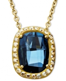 Blue perfection. A large denim blue crystal and smaller clear crystals with Swarovski Elements adorn Kaleidoscope's standout pendant. Crafted in 18k gold over sterling silver. Approximate length: 18 inches. Approximate drop: 3/4 inch. Blue perfection. A large denim blue crystal and smaller clear crystals with Swarovski Elements adorn Kaleidoscope's standout pendant. Crafted in 18k gold over sterling silver. Approximate length: 18 inches. Approximate drop: 3/4 inch.