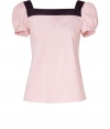 Rose-colored cotton top - Elegant with decorative black piping and bow - Update on nautical trend - Feminine square neckline with short, puffed sleeves - Fitted through chest and arms but with pretty, flowing hem - Pair with business pants, pencil skirt for day or black skinny jeans and heels for a casual night out