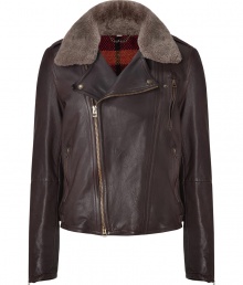 With its forever-favorite biker-inspired styling, this sumptuous shearling trimmed leather jacket from Burberry Brit adds a luxe edge to your cool weather look - Notched shearling collar with snaps, long sleeves, zippered cuffs, asymmetrical front zip, zippered pockets, belted sides, red-multi checked wool lining - Wear with a long sleeve henley, straight leg jeans, and motorcycle boots