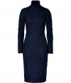 Lend an impeccable finish to your look with Salvatore Ferragamos elegant knit dress, exquisitely detailed in midnight blue with a finish of intricate allover embroidery - Stand-up collar, long sleeves, buttoned cuffs, buttoned slit at nape, hidden side zip - Form-fitting, mid-length - Team with streamline platform pumps and a ladylike handbag